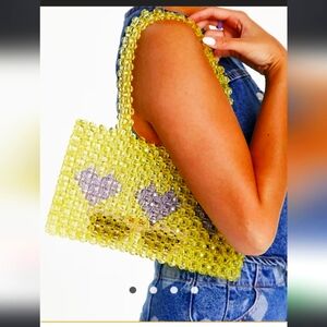 Topshop Yellow Acrylic Beaded Tote Bag with Purple Heart Accents